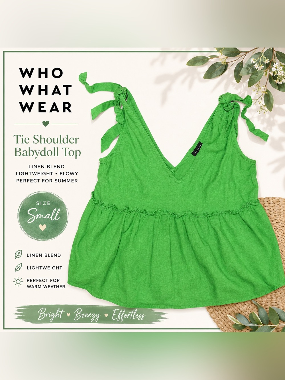 Who What Wear Green Linen Blend Tie Shoulder Babydoll Tank Top Size Small